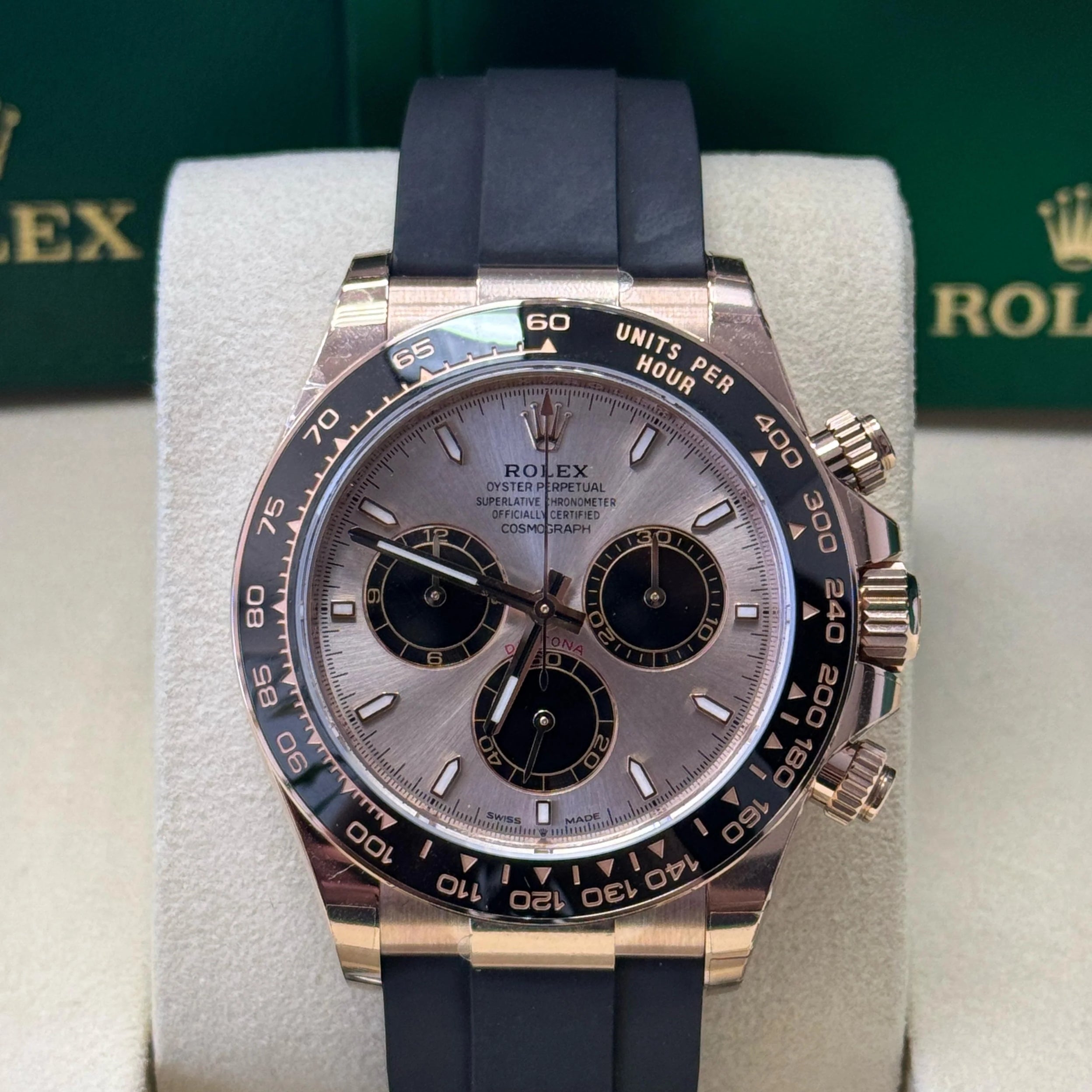 Rolex Cosmograph Daytona 40mm Everose Gold Ceramic Bezel Sundust and Black Index Dial Oysterflex New 2025 - 126515LN