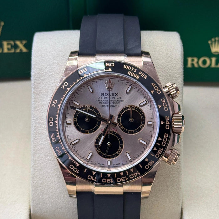 Rolex Cosmograph Daytona 40mm Everose Gold Ceramic Bezel Sundust and Black Index Dial Oysterflex New 2025 - 126515LN