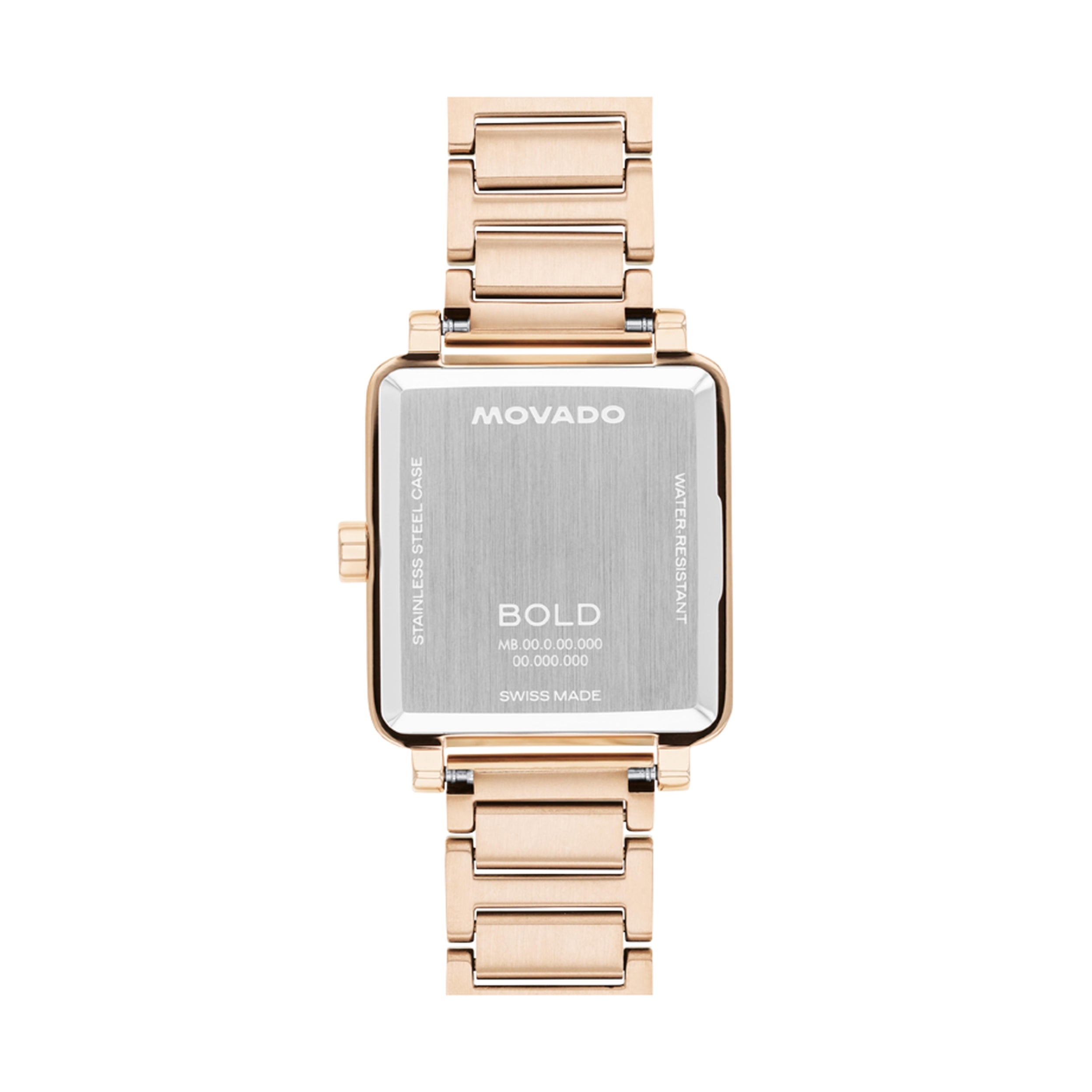 Movado watch with rose gold band on a white background
