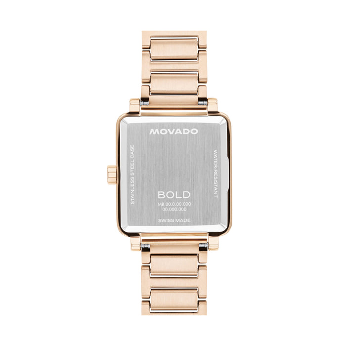 Movado watch with rose gold band on a white background