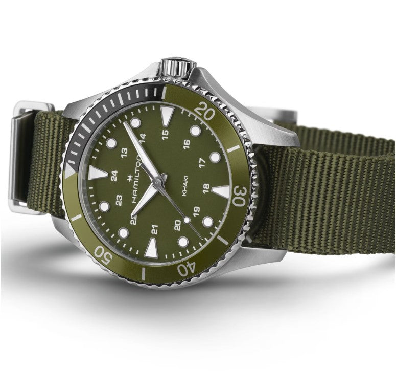 Hamilton Khaki Navy Scuba Quartz Green Dial Green Strap Round Stainless Steel Case 37mm Men's Watch H82241961