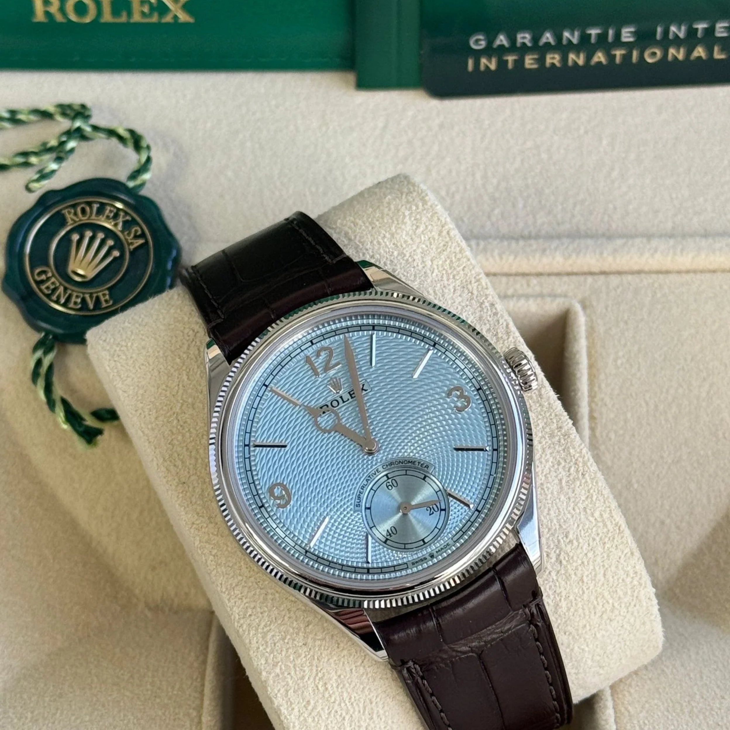 Rolex 1908 Platinum Ice Blue Dial Brown Alligator Strap Men's Watch 2025-52506