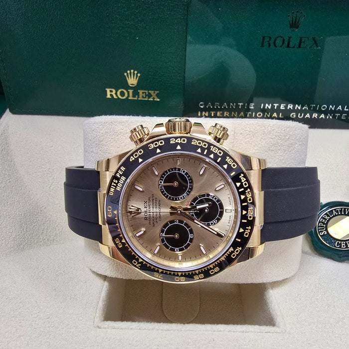 Rolex Cosmograph Daytona 40mm Yellow Gold Ceramic Bezel Champagne and Black "YML/Pikachu" Dial Oysterflex New 2025 - 126518LN