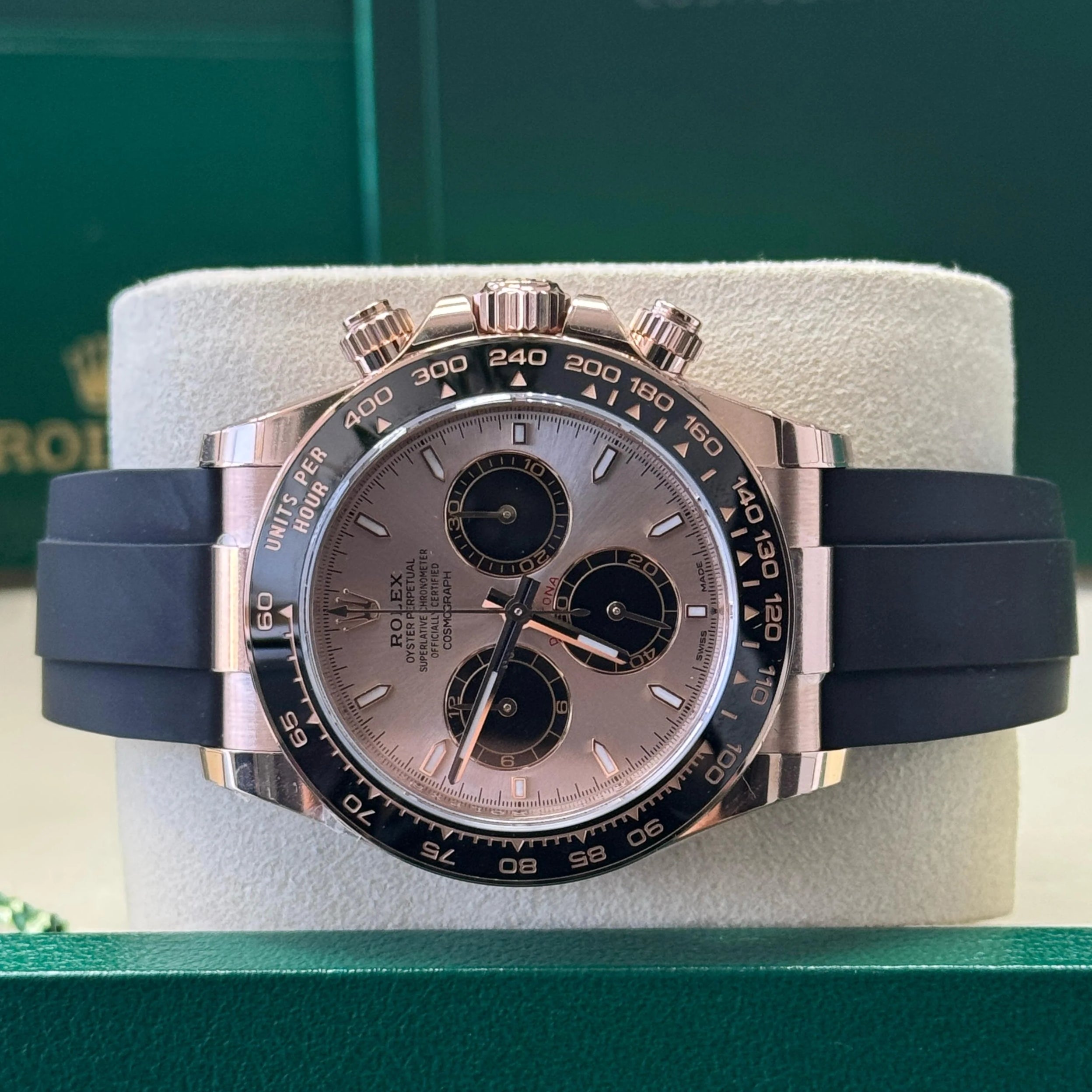Rolex Cosmograph Daytona 40mm Everose Gold Ceramic Bezel Sundust and Black Index Dial Oysterflex New 2025 - 126515LN