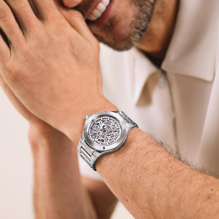 Movado Alta Se Silver Toned Metallic Skeleton Index Automatic 0607906