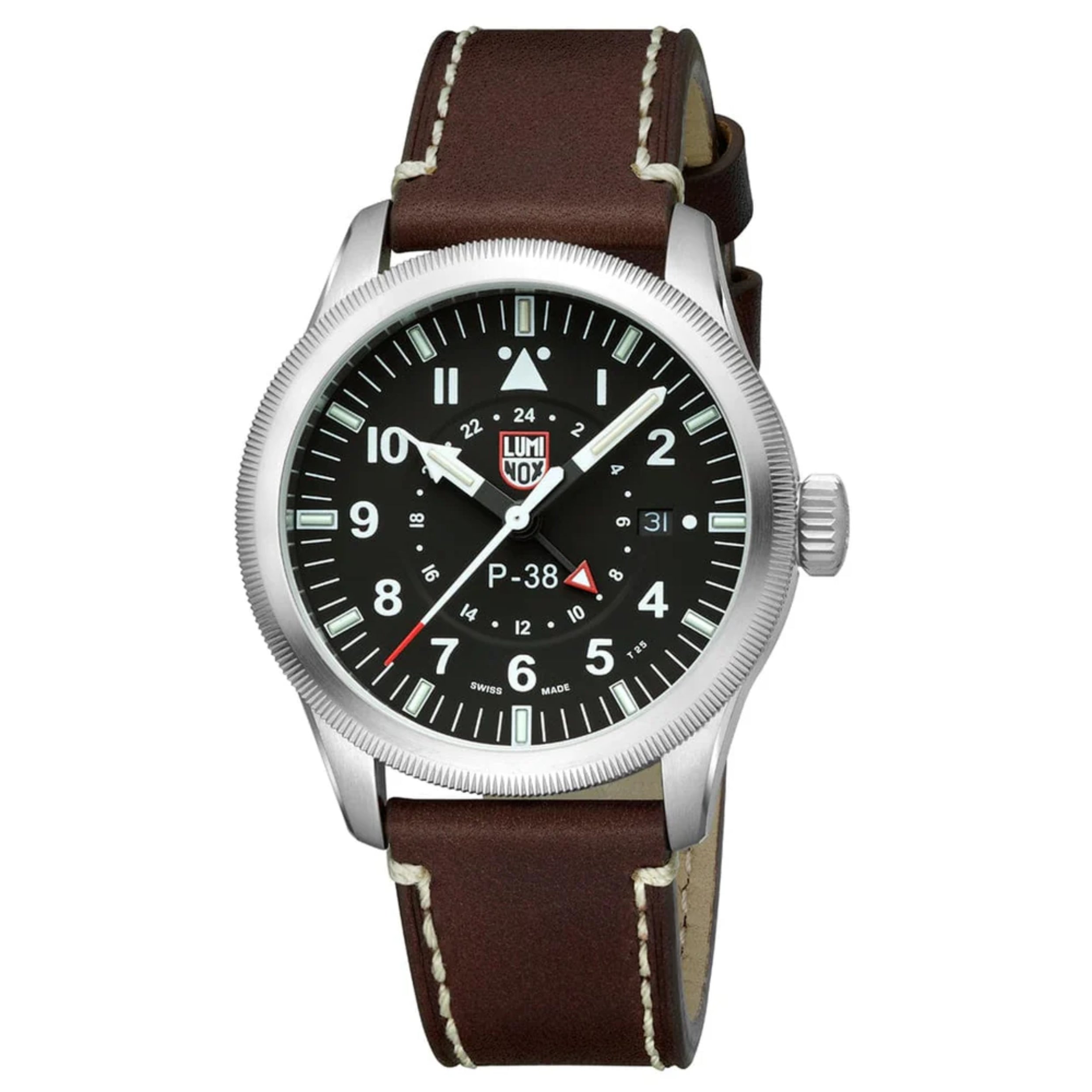Luminox P–38 LIGHTNING® 42mm GMT Black Dial With Brown Leather Men's Watch XA.9521