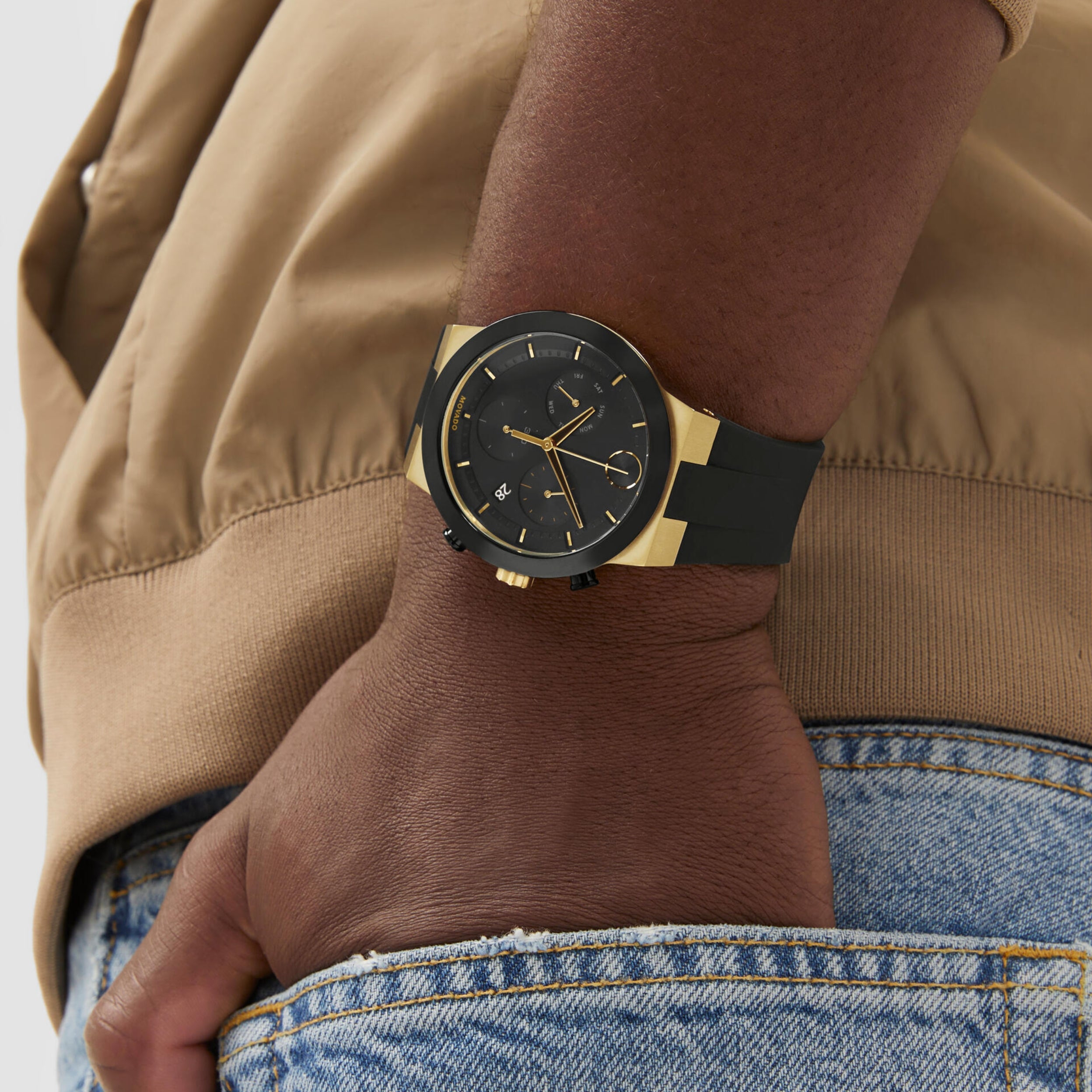 Movado Bold Fusion Cherry Black Strap Quartz Chronograph Gold Men's Watch 3601332