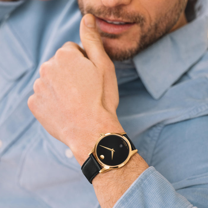 Movado Museum Classic Automatic Black Dial Yellow PVD Leather Unisex's Watch 0608025