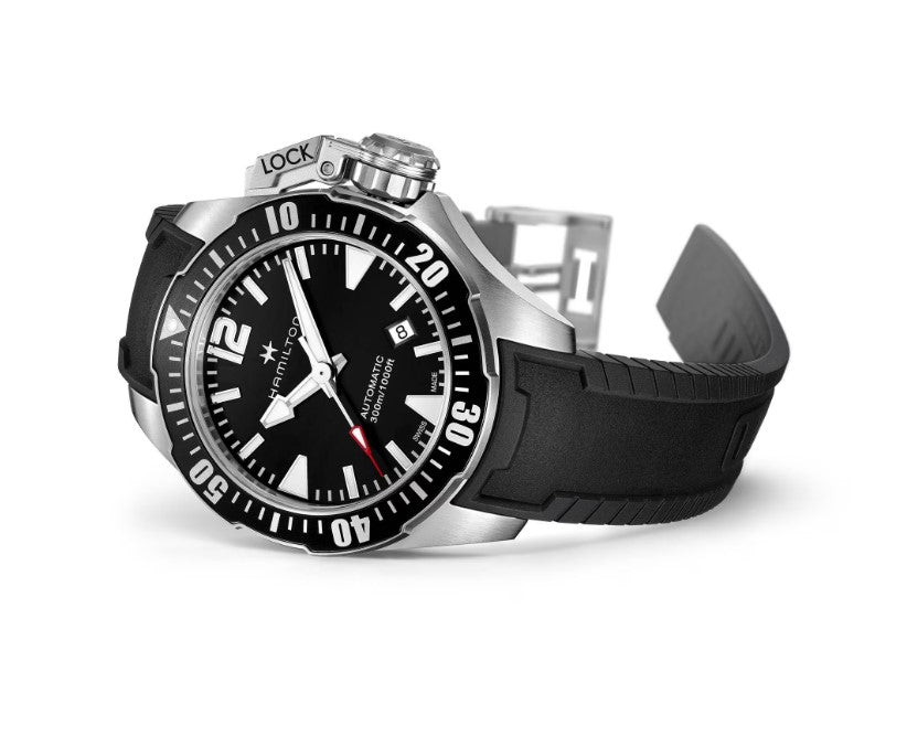 Hamilton Khaki Navy Frogman Auto Black Dial Black Rubber strap Round Stainless steel Case 42mm Men's Watch H77605335