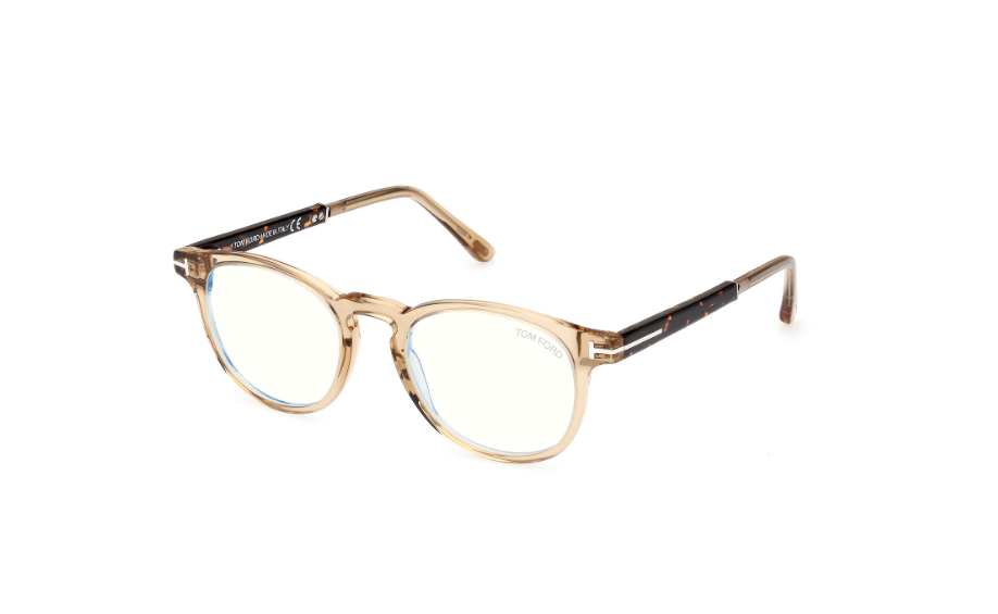 Tom Ford FT5891 047 Shiny Light Brown Blue Block Lenses Men's Eyeglasses