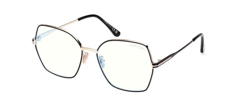 Tom Ford FT5876-B 032 Shiny Pale Gold Black Enamel/Blue Block Women's Eyeglasses