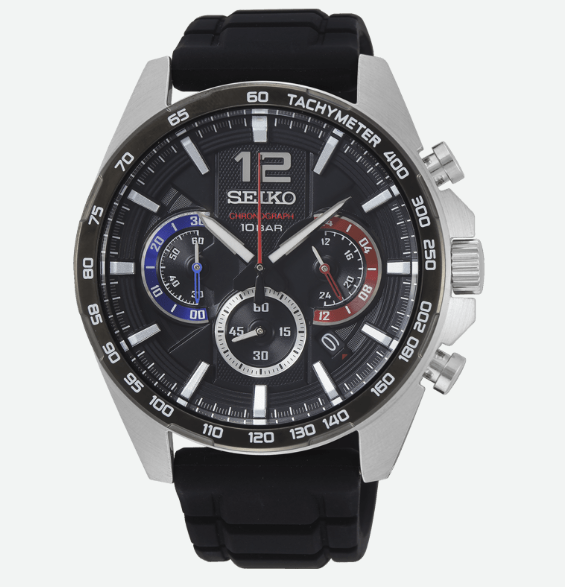 Seiko Sport Quartz Chronograph Black Dial Silicone Belt Men's Watch SSB347P1