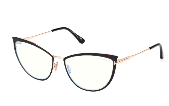 Tom Ford FT5877 001 Shiny Black/Blue Block Cat Eye Women's Eyeglasses