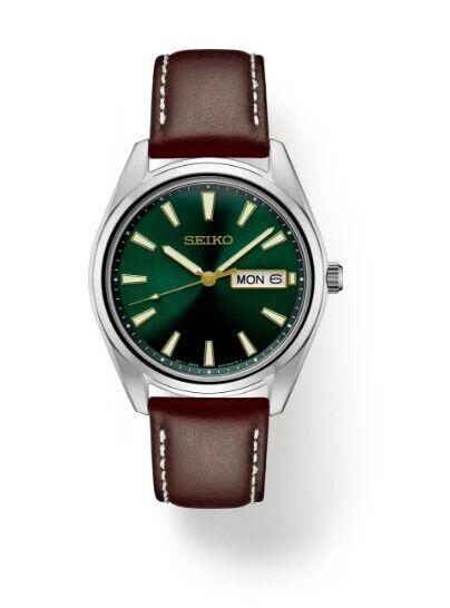 Seiko Essential Minimalist Green Sunray Dial Brown Leather Strap Watch SUR449P1