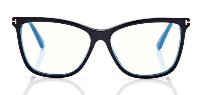 Tom Ford FT5824-B 001 Shiny Black/Blue Block  Cat-Eye Eyeglasses With Clip-Ons