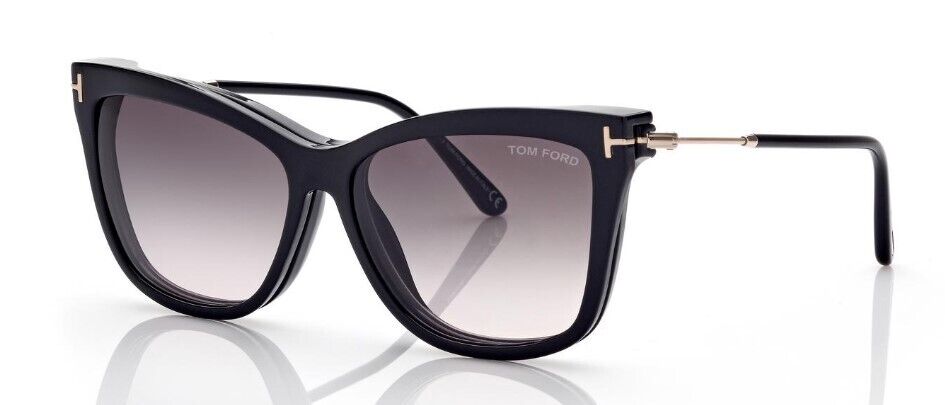 Tom Ford FT5824-B 001 Shiny Black/Blue Block  Cat-Eye Eyeglasses With Clip-Ons