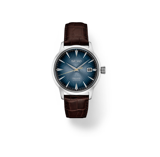Seiko Presage Cocktail Time Blue Dial Brown Leather Strap Men's Watch SRPK15