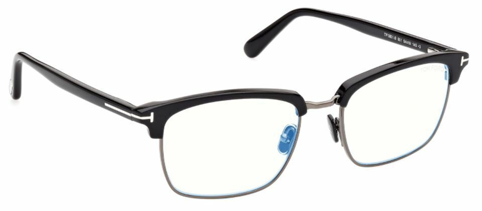 Tom Ford FT5801B 001 Black Dark Ruthenium Blue Block Browline Men's Eyeglasses