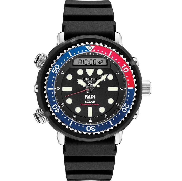 Seiko Prospex PADI Solar Hybrid Diver's Ana-Digi Black Dial Men's Watch SNJ027