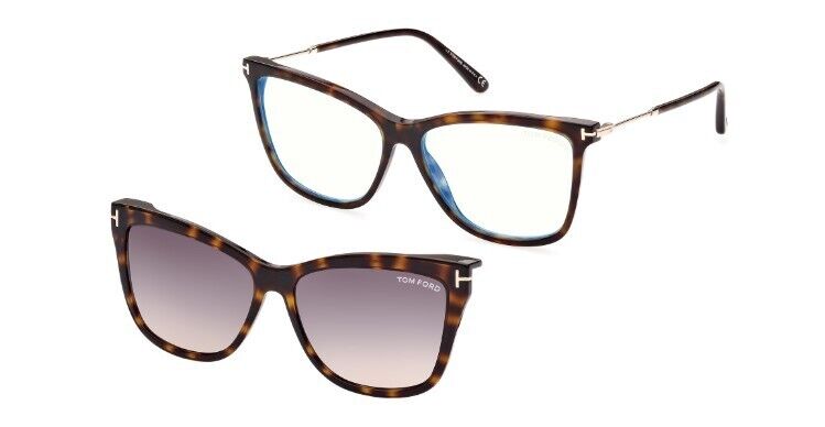 Tom Ford FT5824-B 052  Shiny Dark Havana/Blue Block Eyeglasses With Clip-Ons