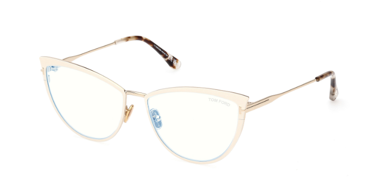 Tom Ford FT5877 025 Shiny Ivory/Blue Block Cat Eye Women's Eyeglasses