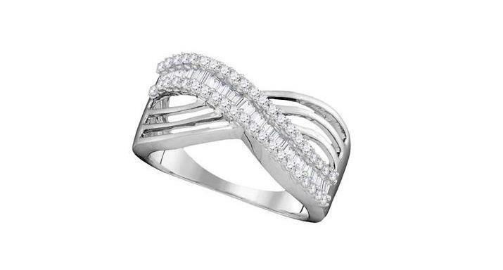 10kt White Gold Baguette Diamond Womens Strand Crossover Band Ring 1/2 Cttw