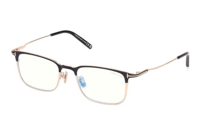 Tom Ford FT5929DB 001 Shiny Black-Rose Gold/Blue Block Lenses Men's Eyeglasses