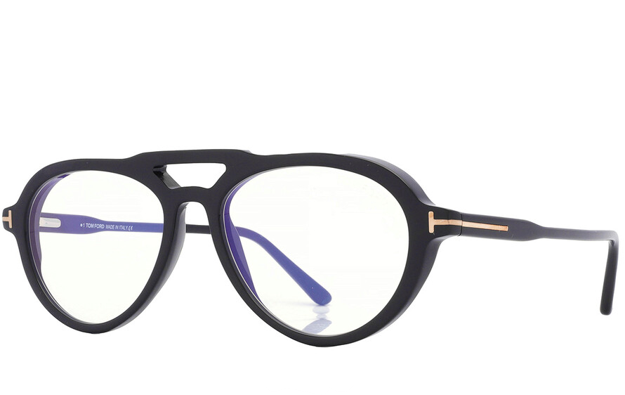 Tom Ford FT5760B 001 Shiny Black/Clear Blue Light Block Round Men's Eyeglasses