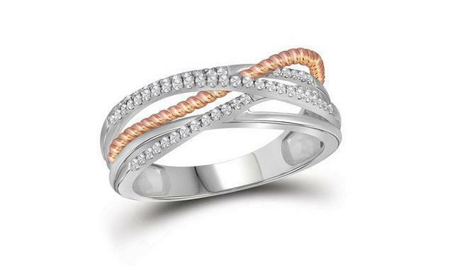 10kt White Gold Diamond Womens Rose-Tone Rope Crossover Strand Band 1/4 Cttw