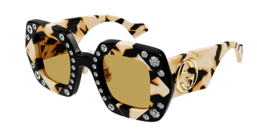 Gucci GG1330S 001 Black-Ivory/Yellow Bling Oversized Square Women's Sunglasses