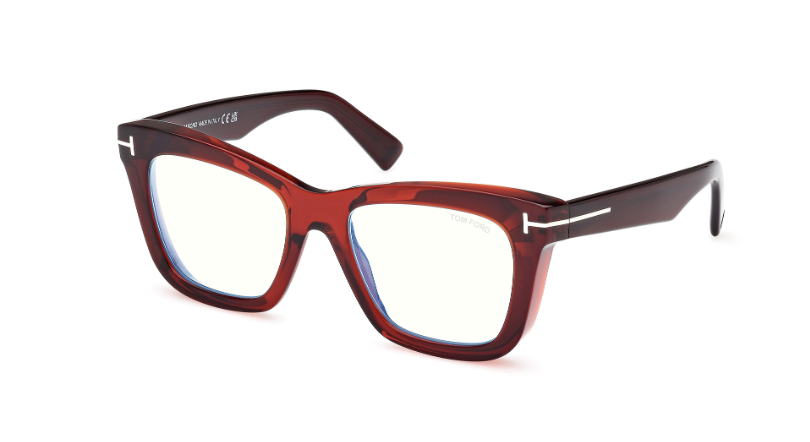 Tom Ford FT5881 045 Shiny Light Brown/Blue Block Square Women's Eyeglasses