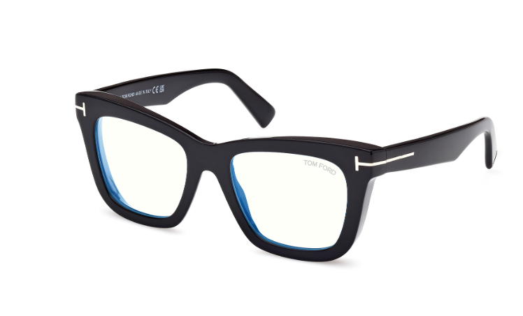 Tom Ford FT5881 001 Shiny Black/Blue Block Square Women's Eyeglasses