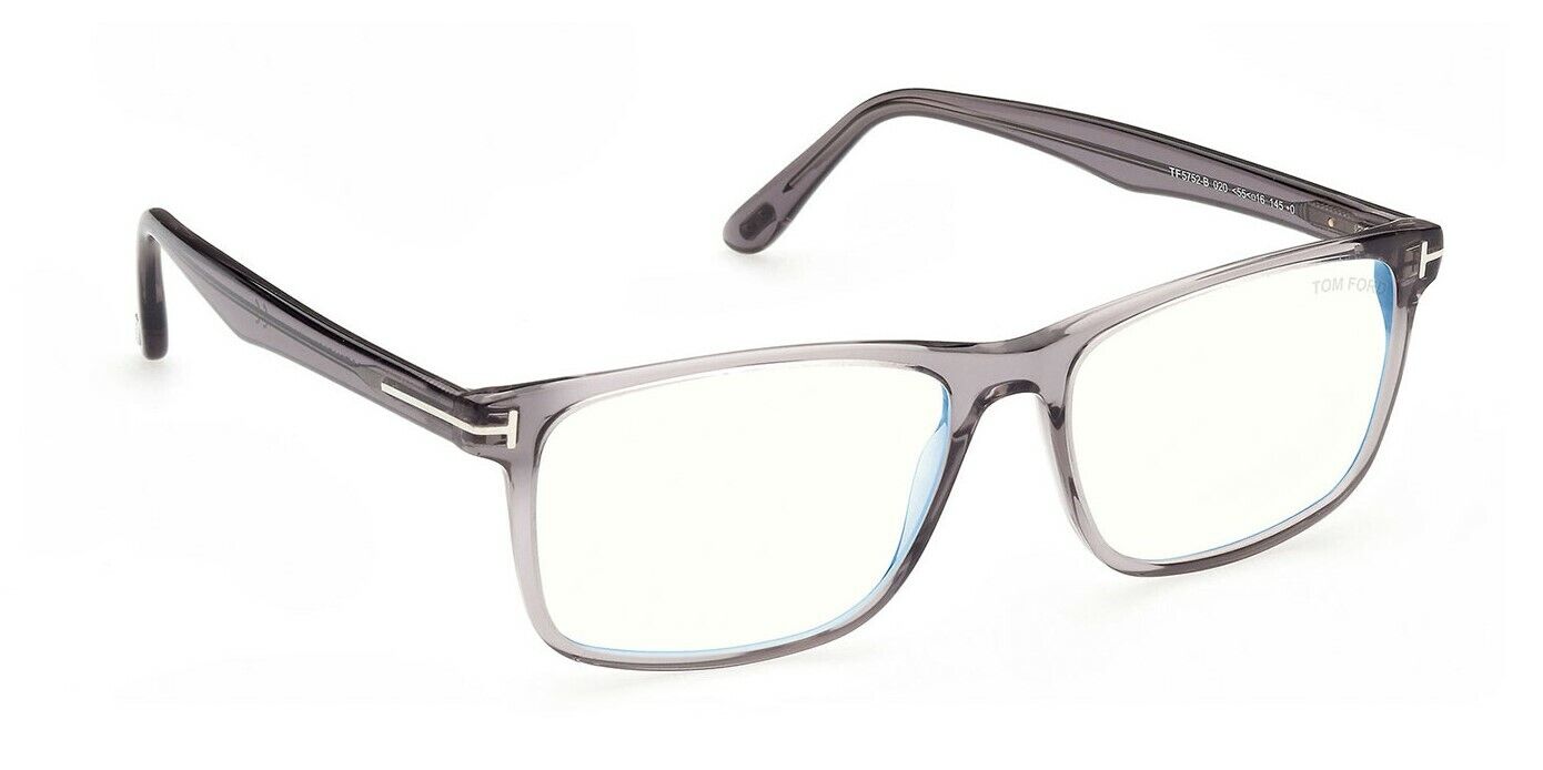 Tom Ford FT5752B 020 Shiny Transparent Grey Blue Block Square Men's Eyeglasses