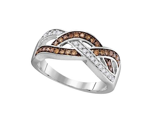 10kt White Gold Brown Diamond Womens Crossover Band Ring 1/3 Cttw