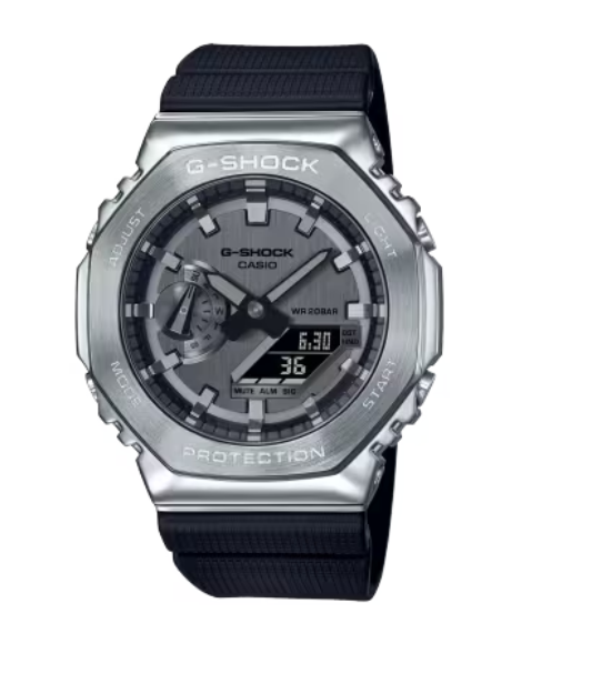 Casio G-Shock Analog-Digital Silver Stainless Steel Bezel Black Watch GM2100-1A