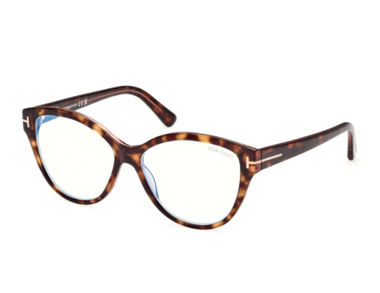 Tom Ford FT5954-B 056 Light Havana/Blue Block Lenses Cat-Eye Women's Eyeglasses