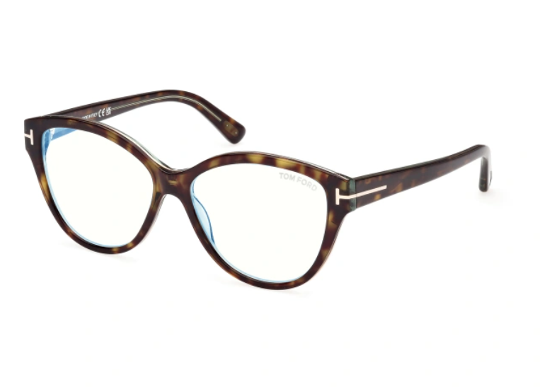 Tom Ford FT5954-B 055 Dark Havana/Blue Block Lenses Cat-Eye Women's Eyeglasses