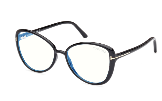 Tom Ford FT5907 001 Shiny Black/Blue Block Cat Eye Women's Eyeglasses