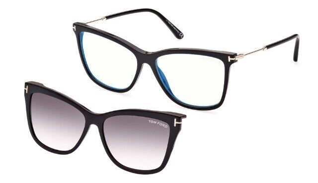 Tom Ford FT5824-B 001 Shiny Black/Blue Block  Cat-Eye Eyeglasses With Clip-Ons