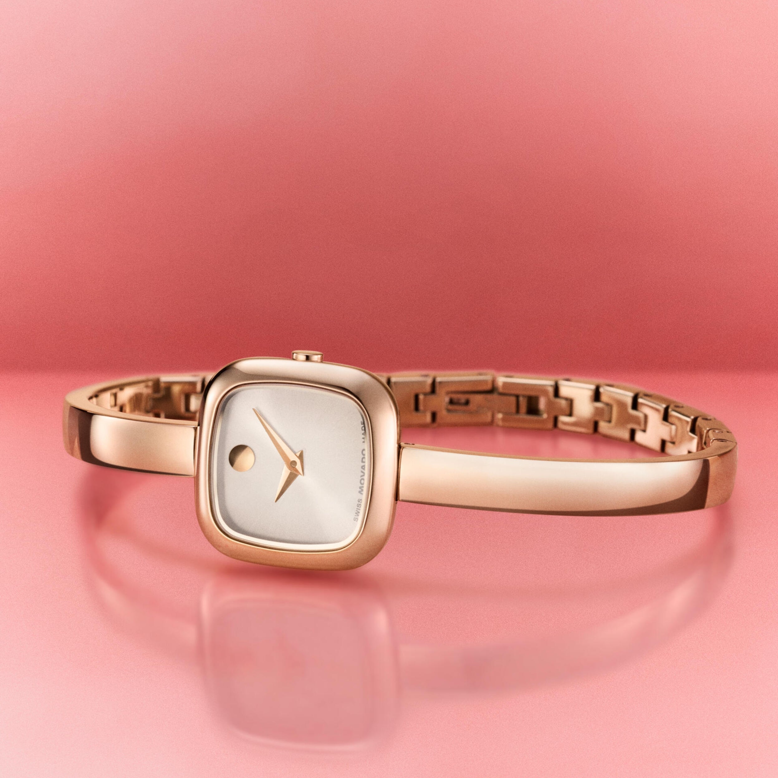 Movado Museum Bangle Silver White Dial Rose Gold Stainless Steel Women's Watch 0608059