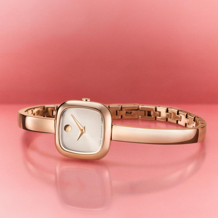 Movado Museum Bangle Silver White Dial Rose Gold Stainless Steel Women's Watch 0608059