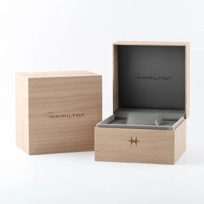 Hamilton watch box with a star emblem on a white background