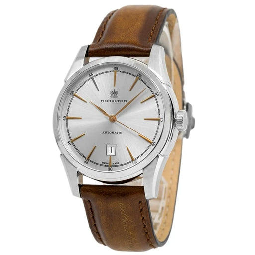 Hamilton watch with brown leather strap on a white background
