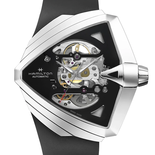Hamilton Automatic skeleton watch with a silver-tone angular case, black dial, and black strap on a white background.