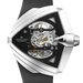 Hamilton Automatic skeleton watch with a silver-tone angular case, black dial, and black strap on a white background.