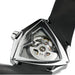 Close-up of the back of a Hamilton watch with a polished silver-tone case, transparent window, and visible automatic mechanical movement, attached to a black strap on a white background.
