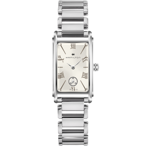 Silver Hamilton watch with a rectangular face on a white background
