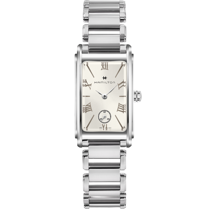 Silver Hamilton watch with a rectangular face on a white background