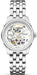 Hamilton Automatic skeleton watch with a silver stainless steel link bracelet, silver case, and a white dial showing the inner mechanical movement.