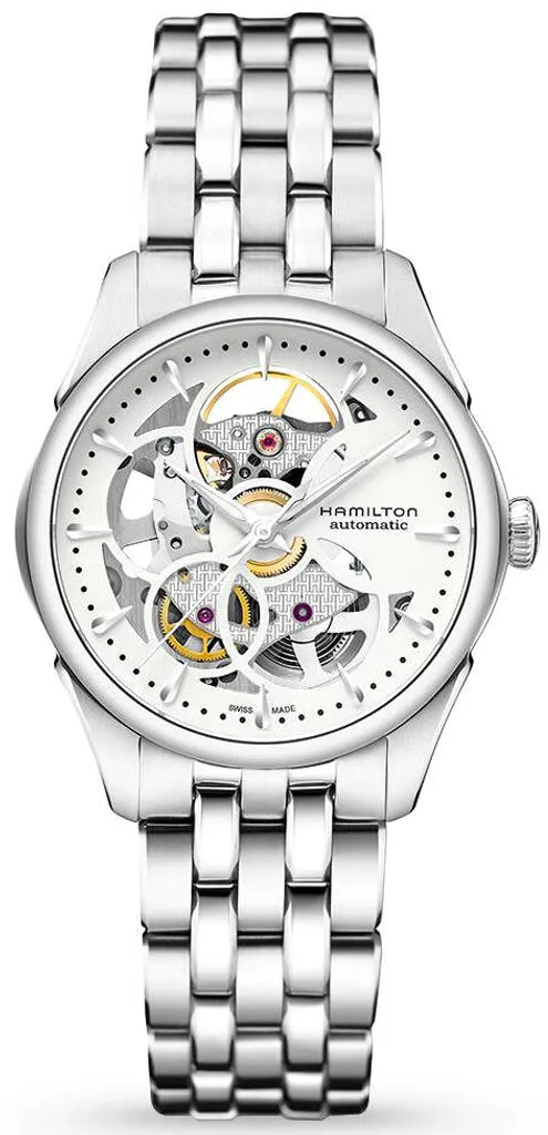 Hamilton Automatic skeleton watch with a silver stainless steel link bracelet, silver case, and a white dial showing the inner mechanical movement.